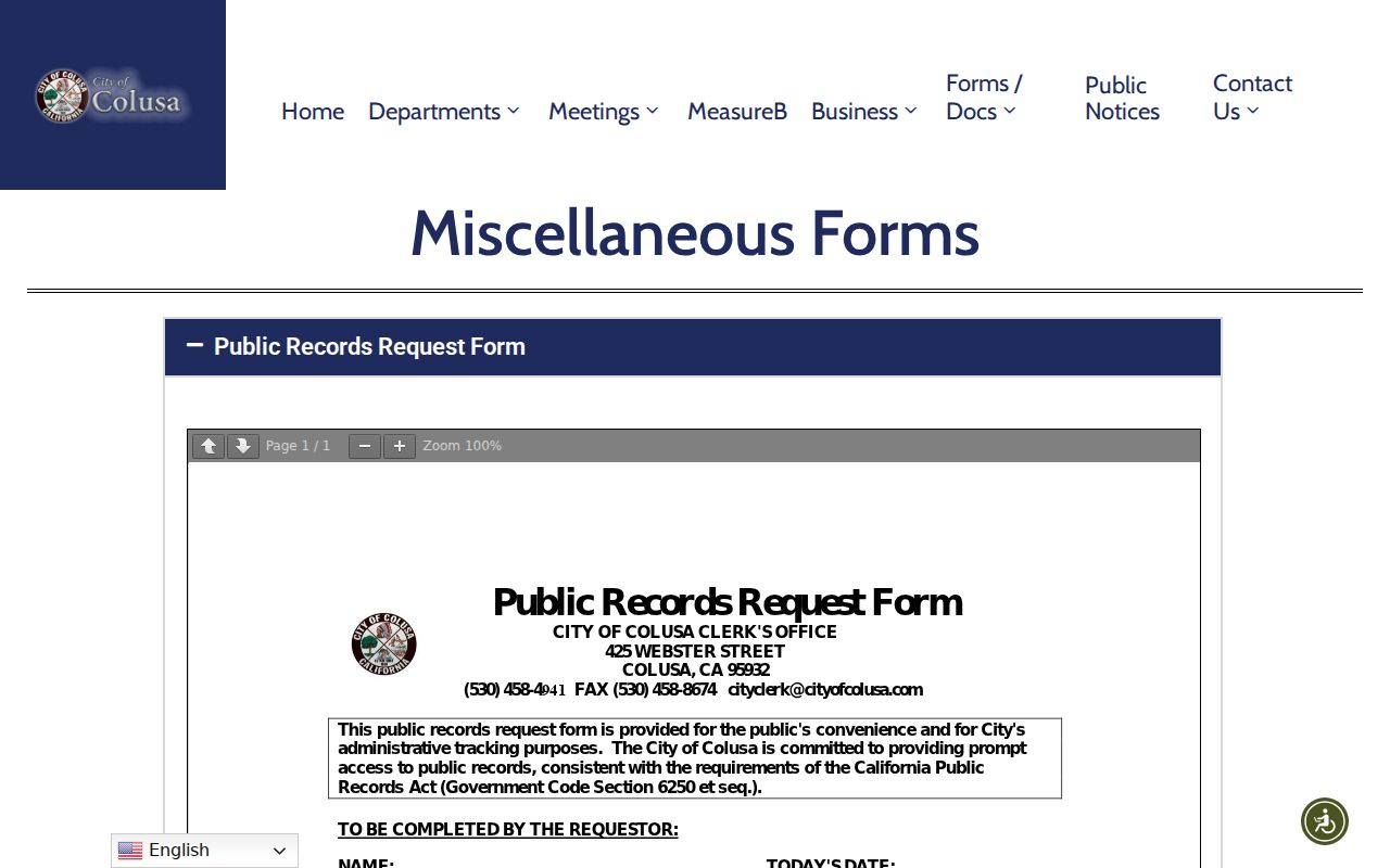 City of Colusa public records form page