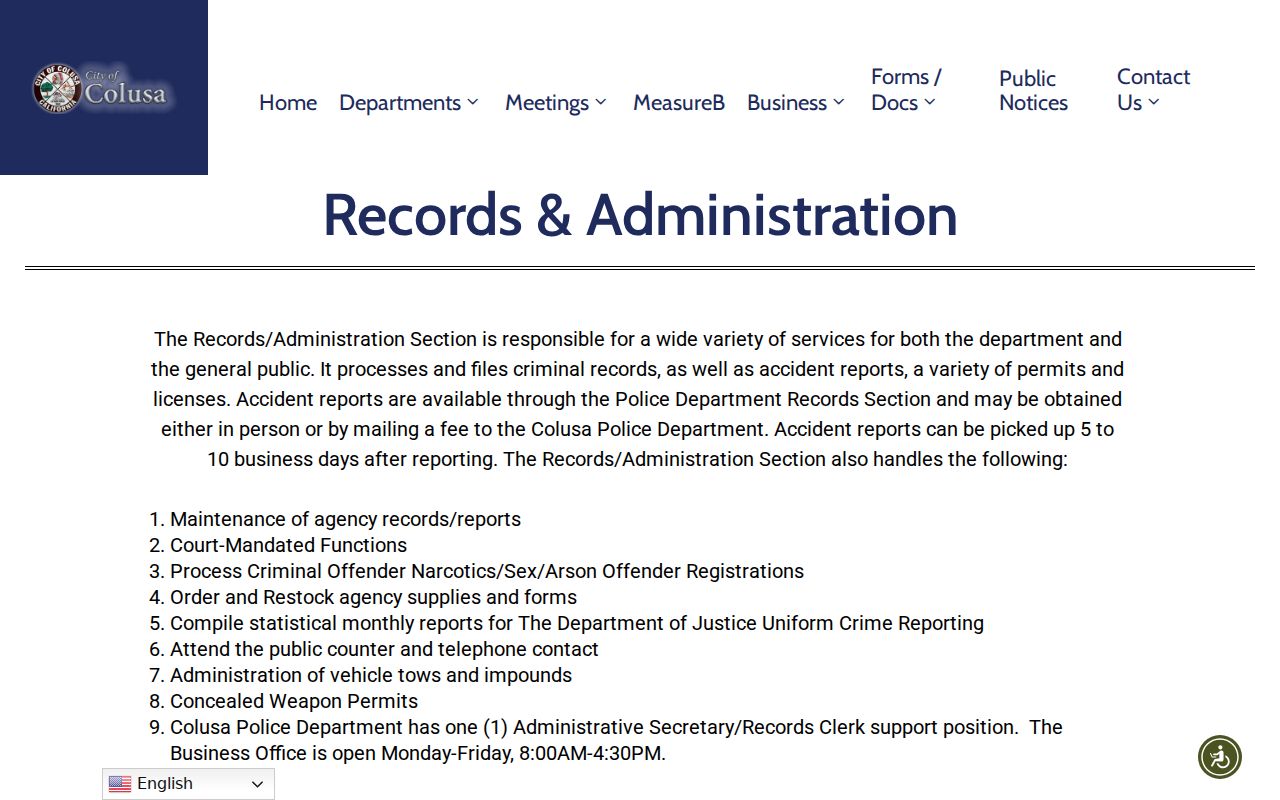 Colusa Police Records Administration page