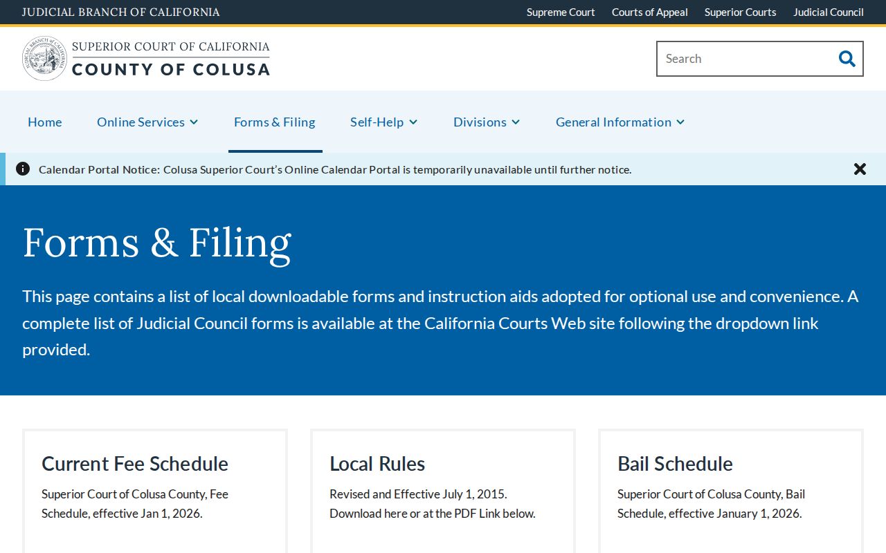 Colusa Superior Court forms and filing page