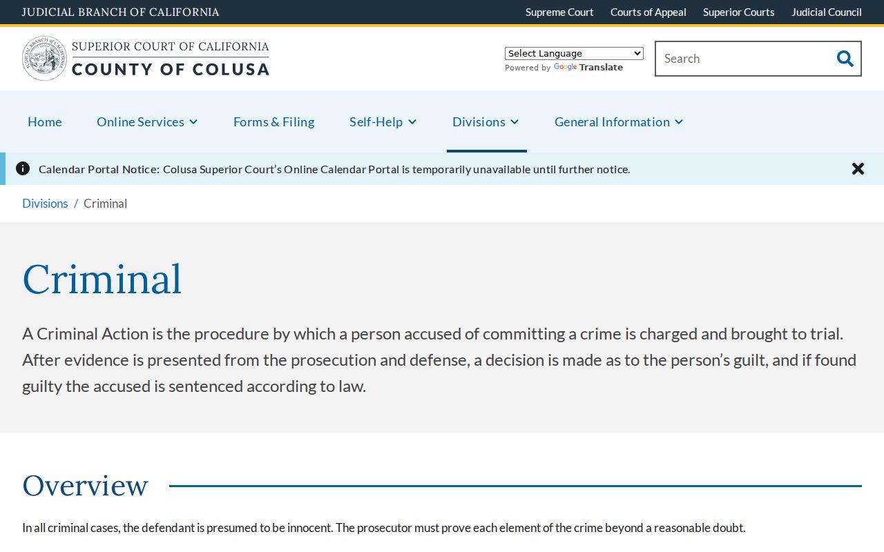 Colusa Superior Court criminal division information