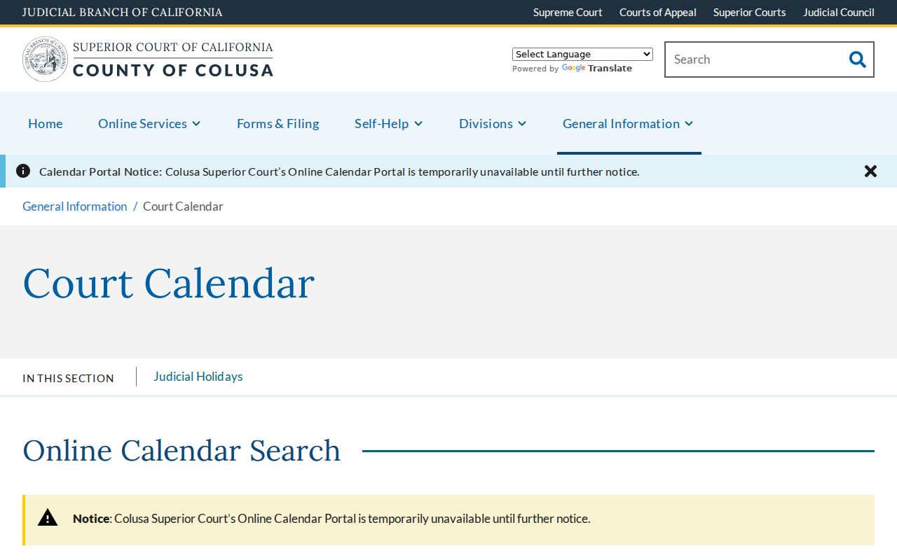 Colusa Superior Court calendar page and availability notice