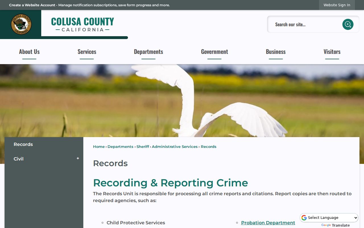 Colusa County Sheriff Records Unit page